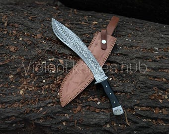 Handmade Damascus Steel Kukri Knife - 13” Curved Blade, Leather Sheath