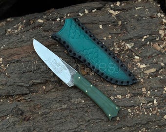 Cuchillo de caza de acero D2 hecho a mano / Hoja grabada a láser, mango de micarta