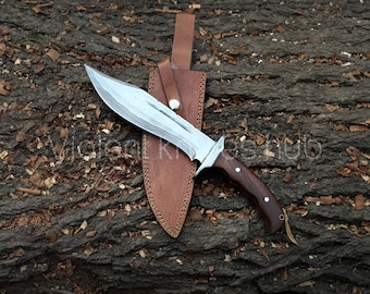 Cuchillo Bowie de acero D2 hecho a mano: mango de madera, funda de cuero