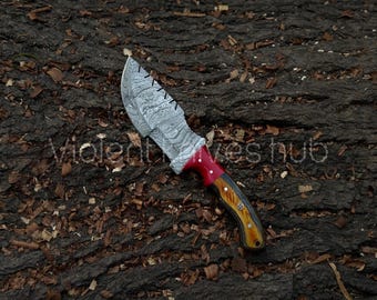 Cuchillo rastreador de acero de Damasco hecho a mano: espiga completa, ideal para caza, acampada y supervivencia.