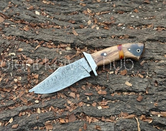 Handmade Damascus Steel Bowie Knife: Wood Handle, Leather Sheath