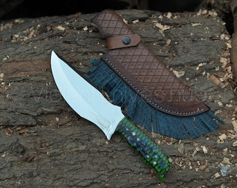 Cuchillo Tracker artesanal de acero D2 / Mango de resina de espiga completa, funda de cuero
