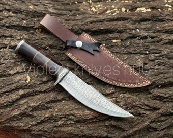 Handmade Damascus Steel Bowie Knife: Bone Handle, Leather Sheath