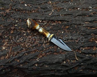 Handmade High Carbon Steel Hunting Knife: Deer Antler Handle, Leather Sheath