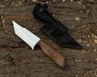 Cuchillo Tanto de acero D2 forjado a mano / Mango de micarta, funda de cuero