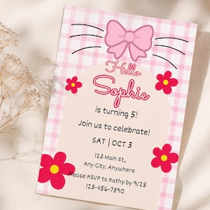 May include: A rectangular birthday invitation card featuring a pink and white gingham background, a large pink bow, and red flowers. The text reads: Hello Sophie is turning 5! Join us to celebrate! SAT | OCT 3, 123 Main St., Any City, Anywhere, Please RSVP to Kathy by 9/25, 123-456-7890.