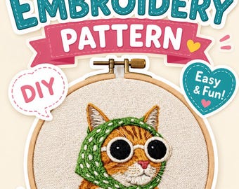 Funny Cat Embroidery Pattern, Pet Portrait, DIY Wall Art (PDF Download, 6 Sizes Hoops