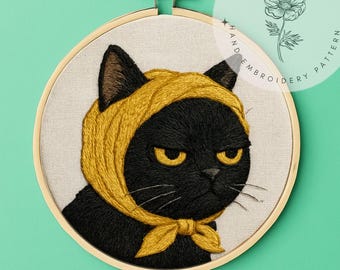 Bore cat embroidery pattern ,funny embroidery ,wall art idea ,pritciple PDF download with 6 sizes hoos pattern