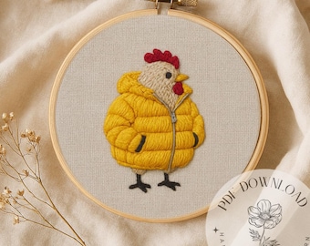 Chicken in Jacket Embroidery Pattern, Beginner DIY (PDF Download, 3-8 inch Hoop Sizes)