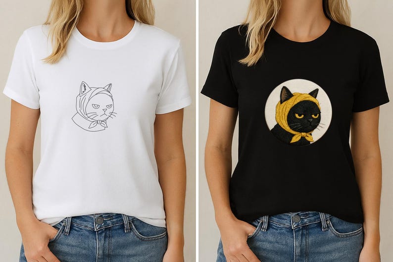 以下が含まれることがあります： 白と黒の2枚のTシャツ。どちらも猫のグラフィックが特徴です。白いシャツには、スカーフをかぶった猫の線画があります。黒いシャツには、黄色のスカーフとリボンをつけた黒猫が描かれています。