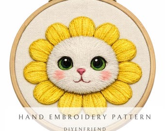 猫と花の顔の手刺繍パターン（PDFダウンロード）