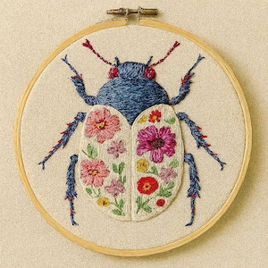 May include: Embroidered artwork of a beetle with a blue body and legs, and floral patterned wings. The embroidery is set in a wooden hoop. The wings feature pink, red, and yellow flowers with green leaves.
