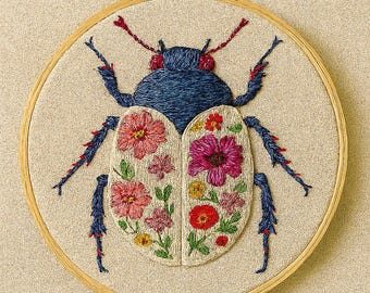 Floral Beetle Embroidery Hoop Art: Handmade Wall Decor (PDF Pattern)