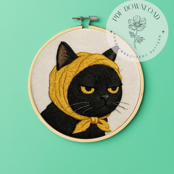 Bore cat embroidery pattern ,funny embroidery ,wall art idea ,pritciple PDF download with 6 sizes hoos pattern