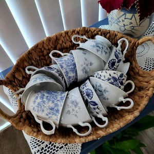 Vintage Mismatched Blue and White Tea or Coffee Cups and Saucers Fine China, Transferware
