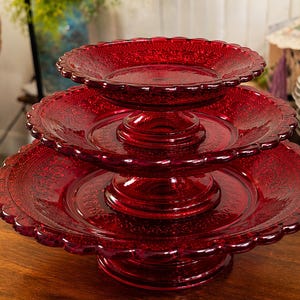 Vintage Ruby Red Glass Pedestal Plates Set of 3 Tiered Dessert Stands
