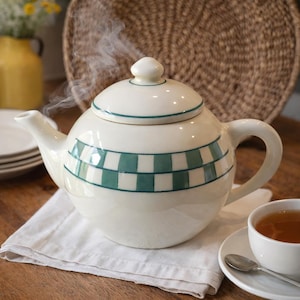 Vintage Hartstone Teapot 1989 Buffalo Check Teal Green Cream Pottery 48 oz Farmhouse Cottage Kitchen Decor Country Tea Serving