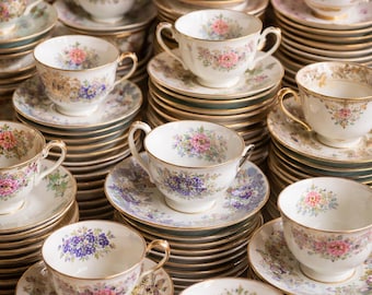 Vintage Mismatched Fine China Teacups, Saucers, Groups of 4, Transferware, Wedding, Shower