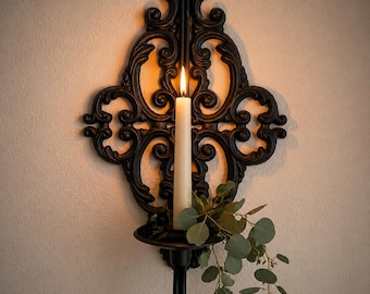 Vintage Black Ornate Wall Sconce Pair, Gothic Cottage Candle Holders, French Country Iron Sconces
