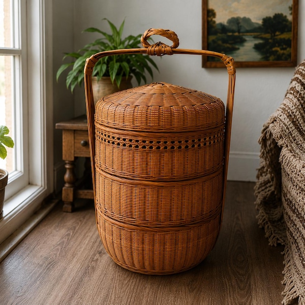 Panier de mariage chinois antique : 3 niveaux de rangement en osier, décor bohème asiatique tissé à la main