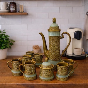 Vintage Mid-Century Coffee Set, Embossed Floral Pottery, 8-Piece