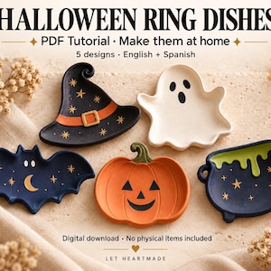 May include: A PDF tutorial for five Halloween ring dishes featuring a black witch hat, a white ghost, a dark blue bat, an orange pumpkin, and a dark blue cauldron with green liquid. Text includes HALLOWEEN RING DISHES, PDF Tutorial, and Digital download.