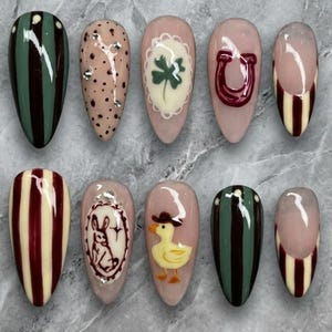Vintage Lucky Charms Green & Burgundy Striped Press On Nails, Quirky Retro 3D Duck, Clover Art, Cottagecore Aesthetic Nails Set