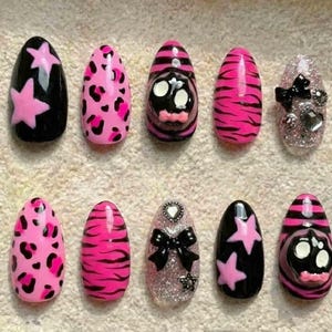 Y2K Gyaru Press On Nails | Hot Pink Black Leopard Zebra Glitter | 3D Skull Bow Stars Almond Shape | Emo Punk McBling Party Scene Vibe
