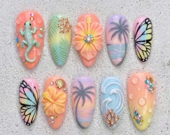 Handmade Tropical Hibiscus Press On Nails, 3D Gecko & Wave Art, Sunset Gradient Palette, Summer Vacation Vibes for Bold Artistic Look
