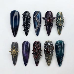 Handmade Dark Ocean Press On Nails, 3D Octopus Tentacle & Starfish Art, Deep Sea Gothic Nails, Ruby Accents for Bold Artistic Vibes