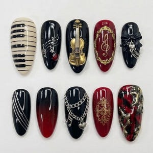 Handmade Classical Violin Nails, 3D Piano Key Art, Ruby Red & Gold Baroque Design, Music Nails For Bold Artistic Vibes