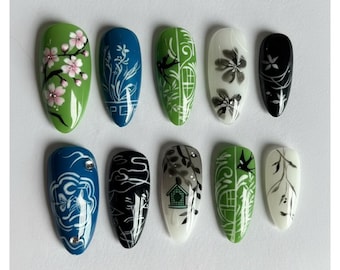 Artistic Nature Silhouette Press On Nails: Cherry Blossom, Birds & Graphic Floral Art