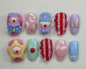 Handmade Pastel Clown Press On Nails, Circus Tent Nail Set, 3D Star & Striped Accents, Nails For Bold Kawaii Kidcore Vibes