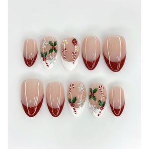 Christmas Press On Nails: Candy Canes, Holly Leaves, Red French Tips & Glitter Snowflakes Design