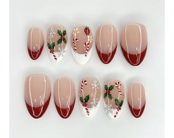 Christmas Press On Nails: Candy Canes, Holly Leaves, Red French Tips & Glitter Snowflakes Design