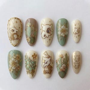 Handmade Matcha Green Po.kemon Press On Nails, Cozy Desert Sage Anime Nails, 3D Floral Custom Nail Set, Whimsical Cottagecore Nails