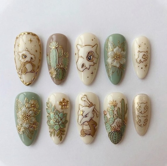 Handmade Matcha Green Po.kemon Press On Nails, Cozy Desert Sage Anime Nails, 3D Floral Custom Nail Set, Whimsical Cottagecore Nails
