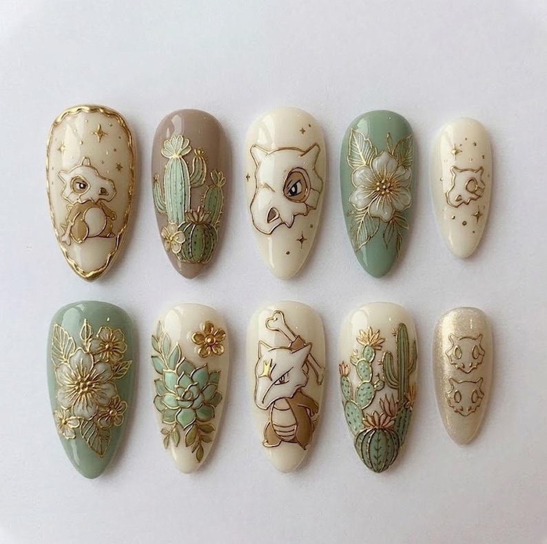 Handmade Matcha Green Po.kemon Press On Nails, Cozy Desert Sage Anime Nails, 3D Floral Custom Nail Set, Whimsical Cottagecore Nails image 1