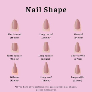 以下が含まれることがあります： 「Nail Shape」というタイトルのチャートには、9種類のモーヴ色のネイル形状とミリ単位の測定値が表示されています。short round 16mm、long round 24mm、almond 24mm、short square 16mm、long square 25mm、short coffin 27mm、stiletto 32mm、long oval 28mm、long coffin 32mm。