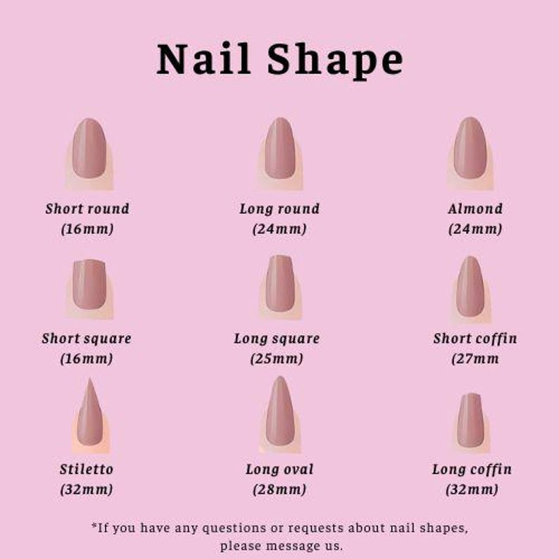 以下が含まれることがあります： 「Nail Shape」というタイトルのチャートには、9種類のモーヴ色のネイル形状とミリ単位の測定値が表示されています。short round 16mm、long round 24mm、almond 24mm、short square 16mm、long square 25mm、short coffin 27mm、stiletto 32mm、long oval 28mm、long coffin 32mm。