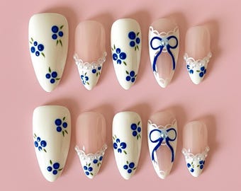 Delicate Coquette Floral Press On Nails: Blueberry, Bows & Lace Art
