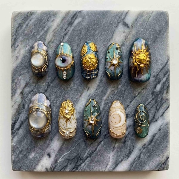 Handmade Celestial Press On Nails | 3D Gold Sun, Moon & Eye | Medium Almond For Mystic Vibes