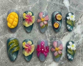 Handmade Tropical Fruit Press On Nails | 3D Mango Passion Fruit & Hibiscus Art | Medium Almond For Summer Beach Vacation Vibes