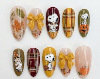 Handmade Fall Sno.opy Press On Nails, Pumpkin and Plaid Nail Set, Bow & Maple Leaf Accents, Nails For Cozy Autumn Vibes