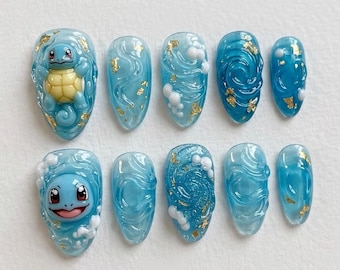 Handmade Kawaii Blue Press On Nails, Squirtle Anime Nail Set, 3D Wave & Gold Foil Accents, Nails For Cute Gaming Vibes