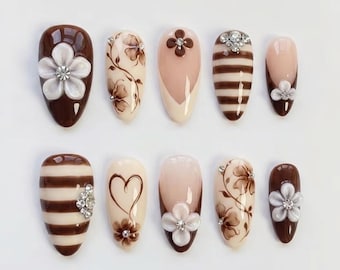 Handmade Coffee Brown Press On Nails, Elegant Floral Nail Set, Rhinestone & Stripe Accents, Nails For Bold Artistic Vibes