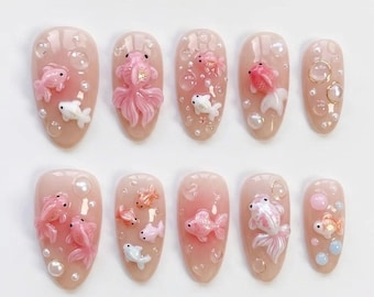 Handmade Goldfish Press On Nails, Elegant 3D Fish Nail Set, Pearl & Bubble Accents, Nails For Bold Artistic Vibes