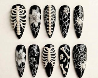 Handmade Skeleton Press On Nails, Spooky Ribcage & Floral Nail Set, Spiderweb Accents, Fake Nails For Dark Gothic Halloween Vibes