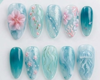 Handmade Mermaidcore Ocean Press On Nails, 3D Jellyfish & Coral Art, Soft Pink Sakura Under Sea Nails, Dreamy Blue Pearl Accents Set