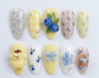 Handmade Pompompurin Press On Nails, 3D Blueberry & Picnic Basket Art, Kawaii Yellow Cottagecore Nails, Floral Gingham Set